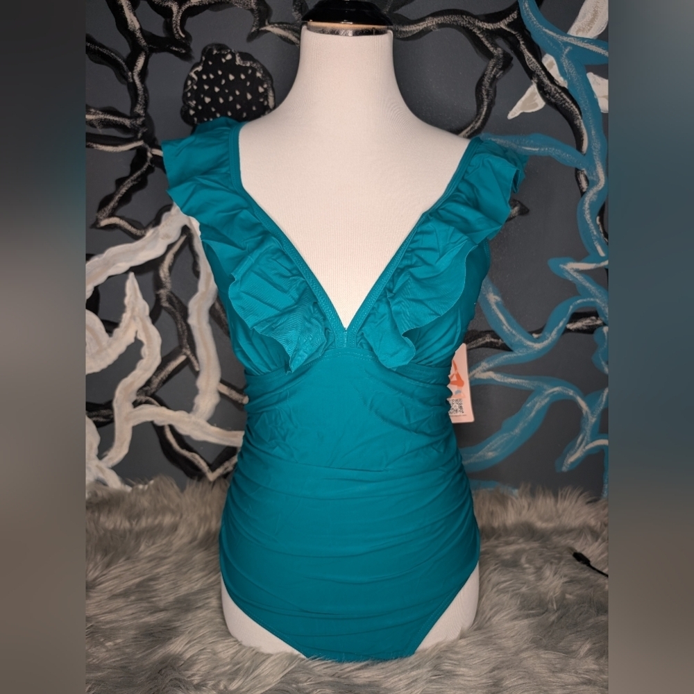 NWT Teal Ruffle One-Piece Swimsuit - Picture 2 of 6